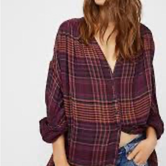 Free People Lightweight Plaid Top Double Cloth Swing OversizedBurgandy M $108 - Picture 2 of 7